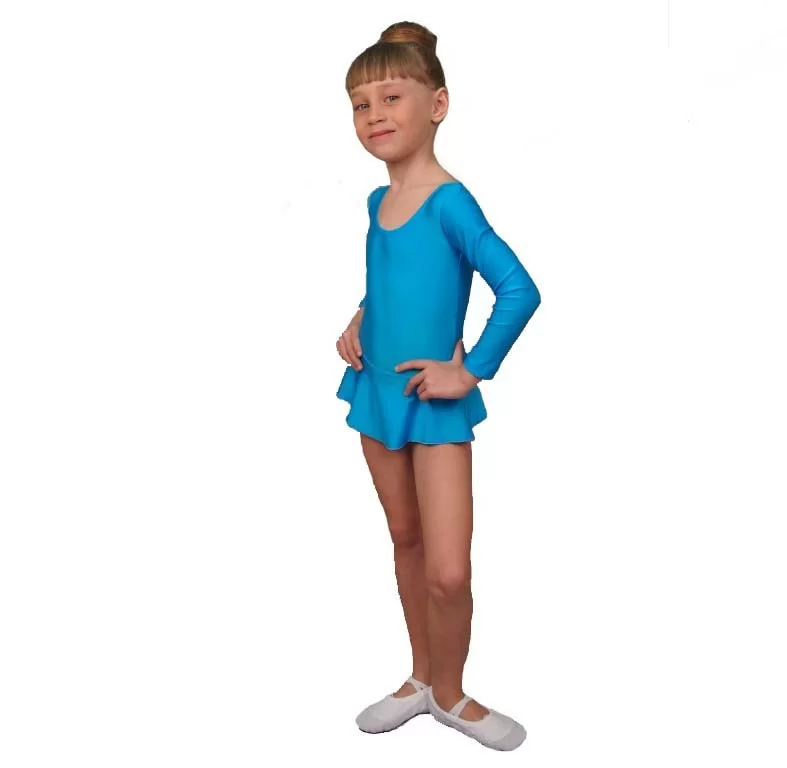 Реальное фото Купальник гимнастический лайкра с юбочкой длин.рукав 26-32 бирюзовый от магазина СпортСЕ